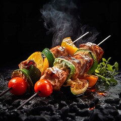Shish Kebab with Vegetables Grilled Over Fire