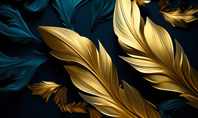 Artistic Render of Luxurious Metallic Feathers in Gold and Teal Hues, a Symbolic Composition of Elegance and Grace on a Dark Background