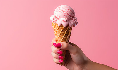 Hand Holding a Waffle Cone with Strawberry Ice Cream Scoop on a Pink Background, Summertime Dessert Concept with Matching Nail Polish - obrazy, fototapety, plakaty