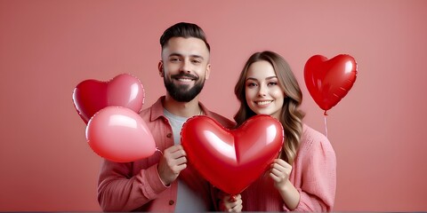 Smiling pair, festive hearts balloons in hand. Practical and delightful Valentine's celebration