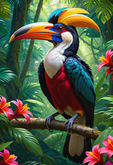 Fototapeta premium A hornbill sits on a branch in the rich Amazon forest