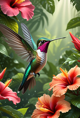 Hummingbirds flying in the fertile forest After the rain, water