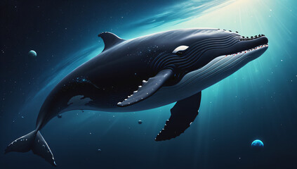Whales swimming on a space themed background