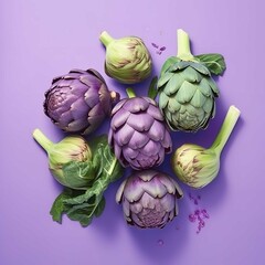 Obraz premium Top View of Artichoke Vegetables on Pastel Violet Background