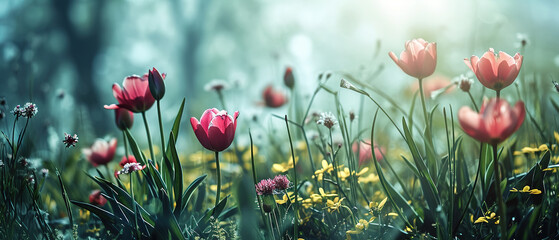 Obraz na płótnie Canvas Spring ultra wide background with colorful flowers, soft light for banners, wallpapers or web pages