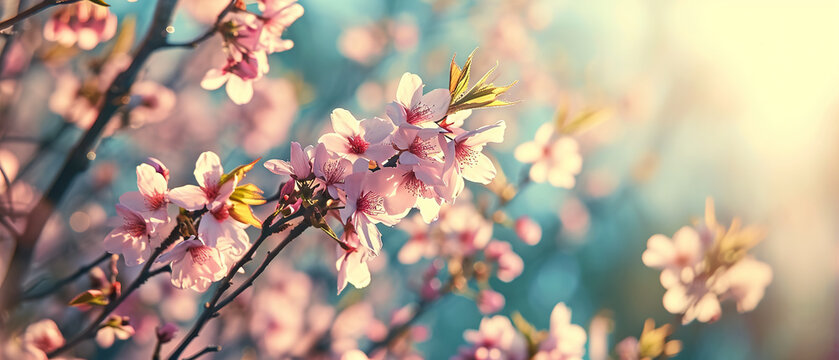 Spring ultra wide background with colorful flowers, soft light for banners, wallpapers or web pages