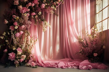 Fototapeta na wymiar Pink Curtain Studio Backdrop with Delicate Floral Elements