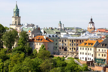 Obraz premium Aerial view of Old Parish Square and Trinitarian Tower, Lublin, Poland