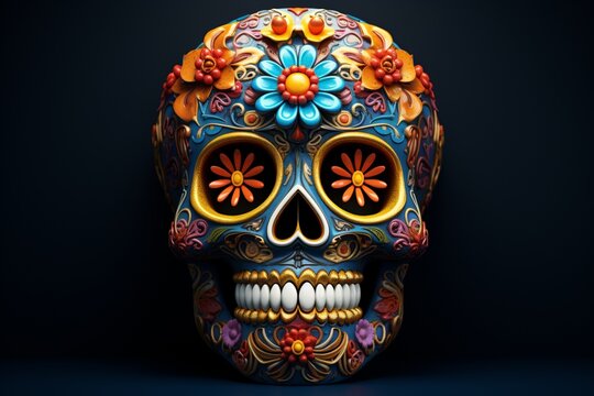 A sugar skull adorned with intricate floral designs