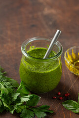 delicious green herbs chimichurri sauce