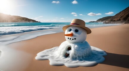 a snowman on beach beginning to melt - obrazy, fototapety, plakaty