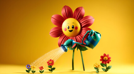 a flower as a cartoon character, watering other flowers