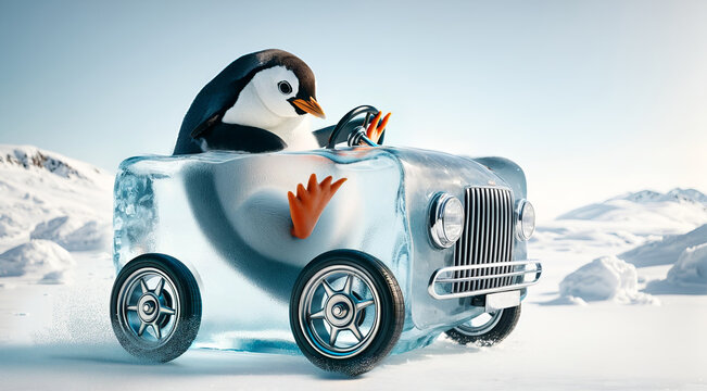 a penguin riding on an ice cube with car wheels