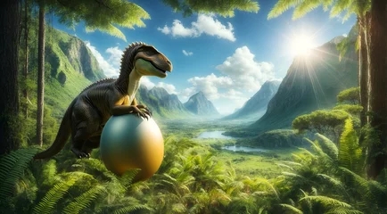 Keuken spatwand met foto a dinosaur sitting on a giant egg © Meeza