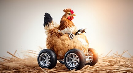 a chicken riding an egg with car wheels