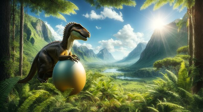 a dinosaur sitting on a giant egg
