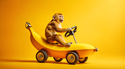 a monkey riding a banana with car wheels