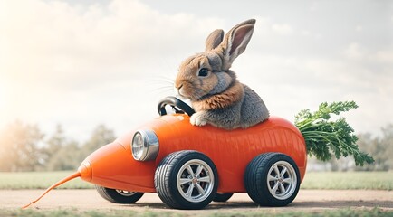 a rabbit riding a carrot with car wheels - Powered by Adobe