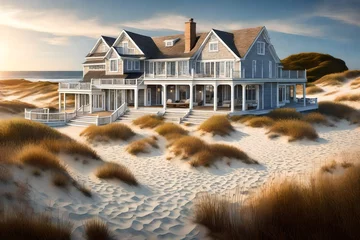 Poster de jardin Parc national du Cap Le Grand, Australie occidentale An elegant Cape Cod-style home surrounded by dunes, featuring weathered shingles, a spacious deck, and sailboats dotting the distant seascape.