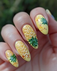 close-up of woman's hand with a summer-style manicure. A detailed 3D nail art design featuring a realistic miniature berry sculpture on a natural nail.