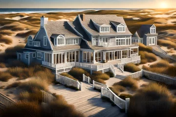 Papier Peint photo Parc national du Cap Le Grand, Australie occidentale An elegant Cape Cod-style home surrounded by dunes, featuring weathered shingles, a spacious deck, and sailboats dotting the distant seascape.