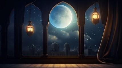 moon with window in the night islamic background