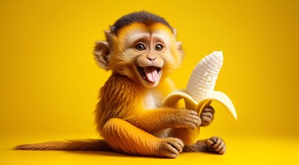 a monkey enjoying an ice cream shaped like a banana