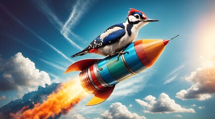 a woodpecker riding on a rocket