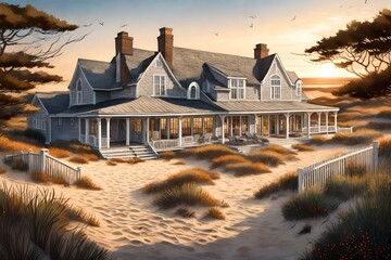 An elegant Cape Cod-style home surrounded by dunes, featuring weathered shingles, a spacious deck, and sailboats dotting the distant seascape.