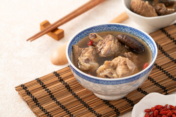 Delicious shiitake mushroom chicken soup, traditional Taiwanese soup.