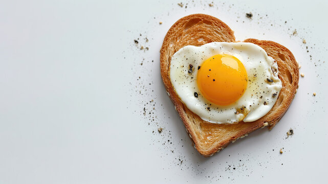 Toast with fried egg in heart shape, white background, space for text. Valentine's Day greeting card