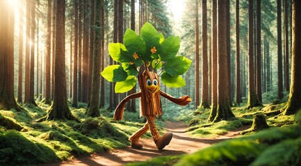 a cartoon tree character walking through a forest