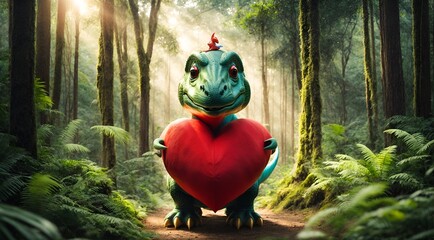 a cute dinosaur holding a red heart