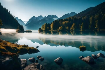 A serene Bavarian lake surrounded by mist-shrouded mountains, creating an ethereal atmosphere.