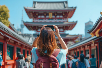 Traveler woman take a photo afamous Buddhist temple in Tokyo. Popular touristic destination concept - obrazy, fototapety, plakaty
