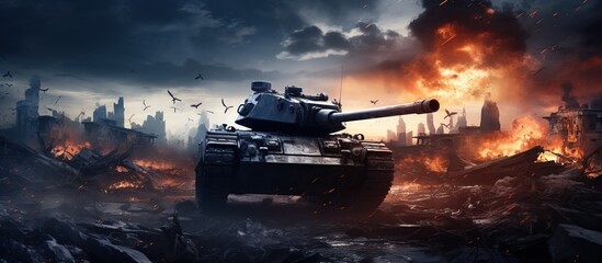 Tanks on battlefield, war machines in the conflict zone with fire and smoke clouds. 3d illustration. - obrazy, fototapety, plakaty