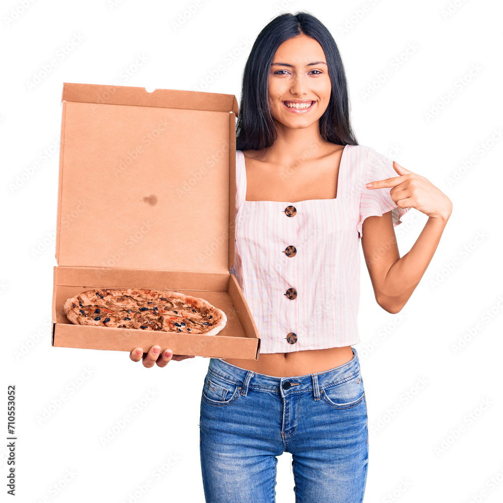 Sticker Young beautiful latin girl holding delivery pizza box pointing finger to one self smiling happy and proud