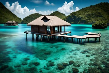 The overwater bungalow, standing alone on stilts, reflecting its serene image on the tranquil, glassy waters, a serene retreat from the world.