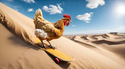 Foto auf Acrylglas a chicken humorously sandboarding on a desert dune © Meeza