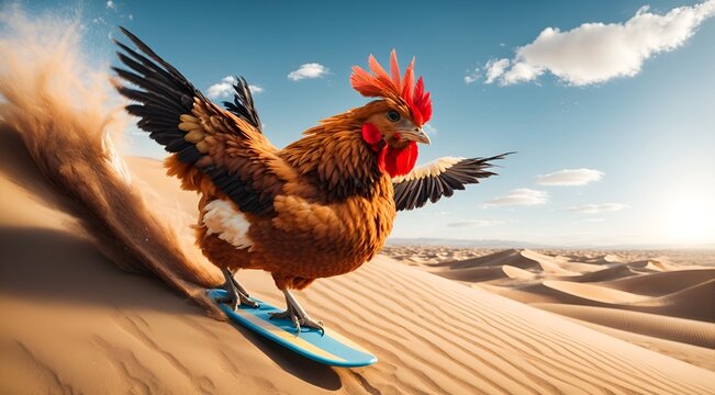 a chicken humorously sandboarding on a desert dune