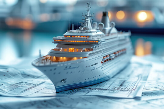 Ein modernes Kreuzfahrtschiff, das aus einem Blaupausenpapier entsteht