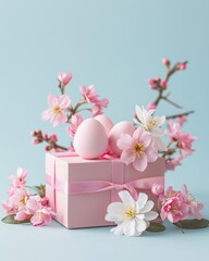 Festive easter gift box with matching eggs and surrounded by beautiful pink spring flowers
