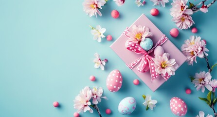 Vibrant pastel gift box with easter eggs and spring flowers on a bright blue background