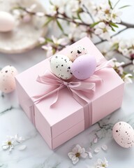 A pink gift box with speckled white and purple easter eggs nestled among delicate spring flowers