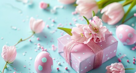 A sophisticated dotted pink gift box adorned with pink tulips against a calming blue background
