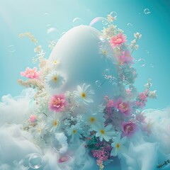 Fototapeta na wymiar A surreal decorated egg encompassed by flowers and clouds against a blue background