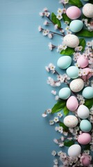 Easter composition of pastel-colored eggs and cherry blossoms on a blue wooden background