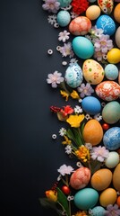 Fototapeta na wymiar Beautifully arranged easter eggs with spring flowers on a dark elegant background