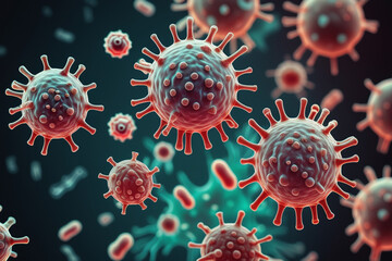 corona virus 2019-ncov flu outbreak, covid-19 3d banner illustration, microscopic view of floating influenza virus cells - obrazy, fototapety, plakaty