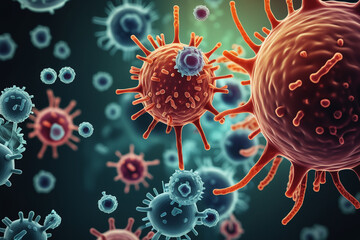 corona virus 2019-ncov flu outbreak, covid-19 3d banner illustration, microscopic view of floating influenza virus cells - obrazy, fototapety, plakaty
